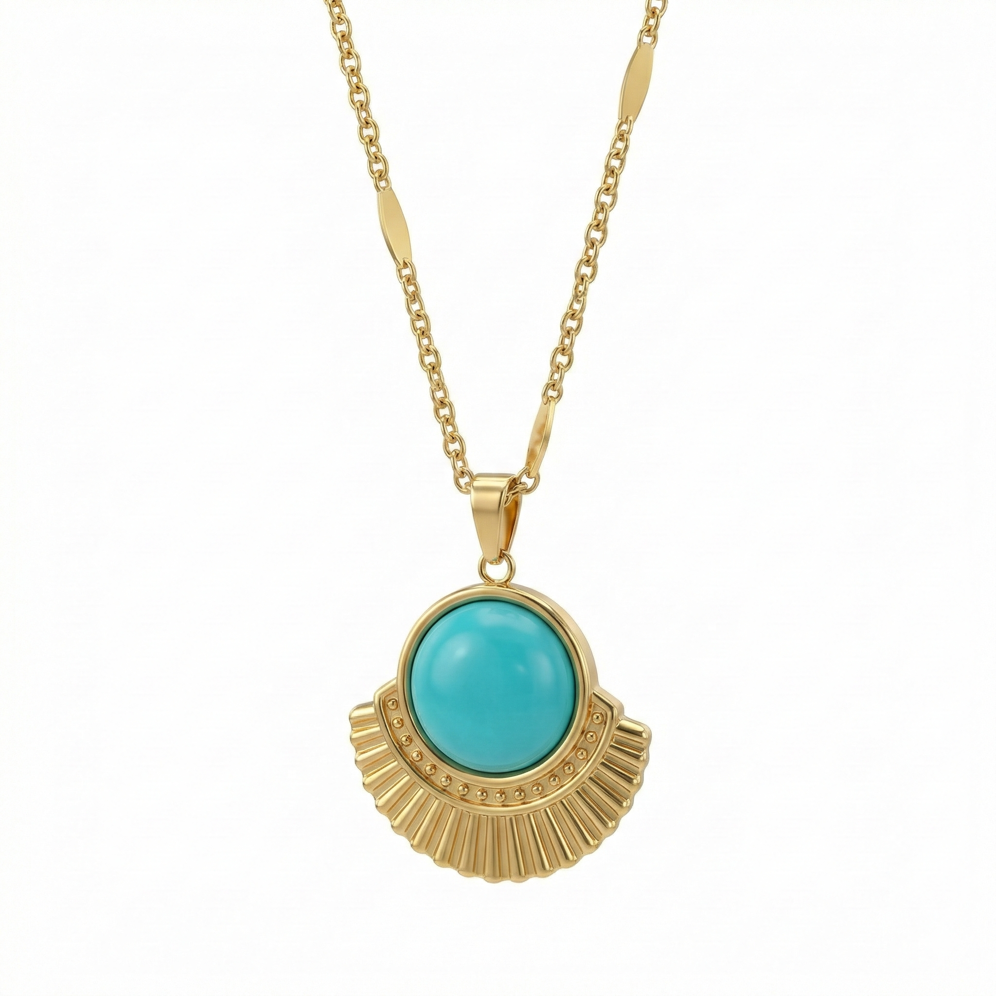 Collier doré en acier inoxydable avec pendentif soleil et pierre turquoise ronde